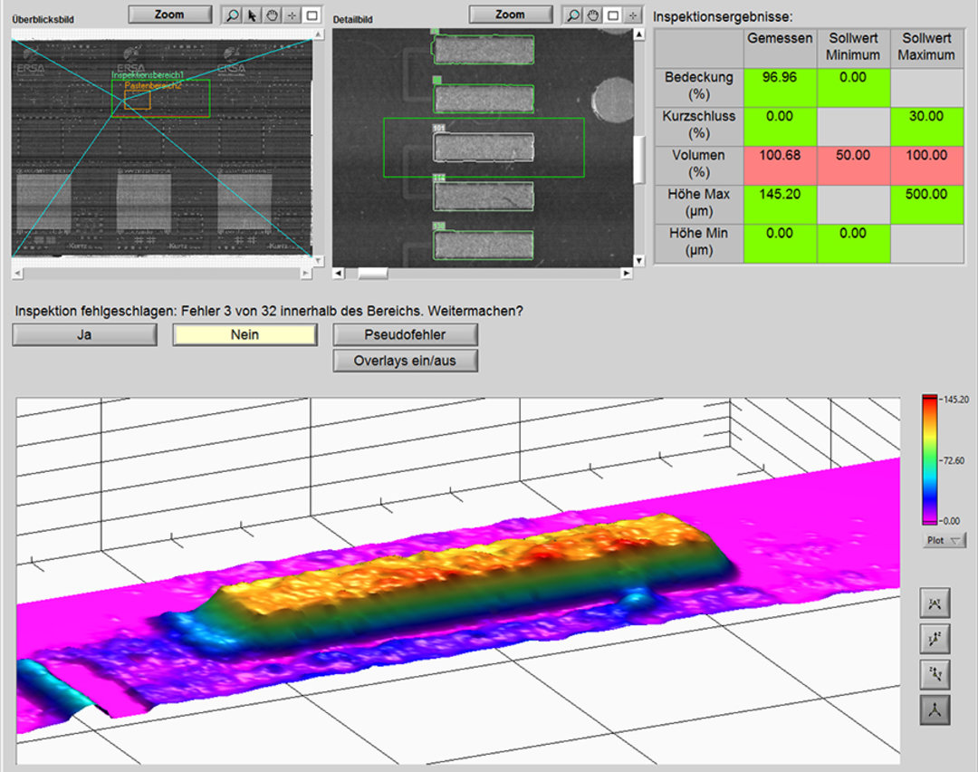 Inspektionsergebnis: Darstellung der Position im Layout, 2D- und 3D-Bild plus Ergebnis der Messung mit Soll- und Ist-Werten.