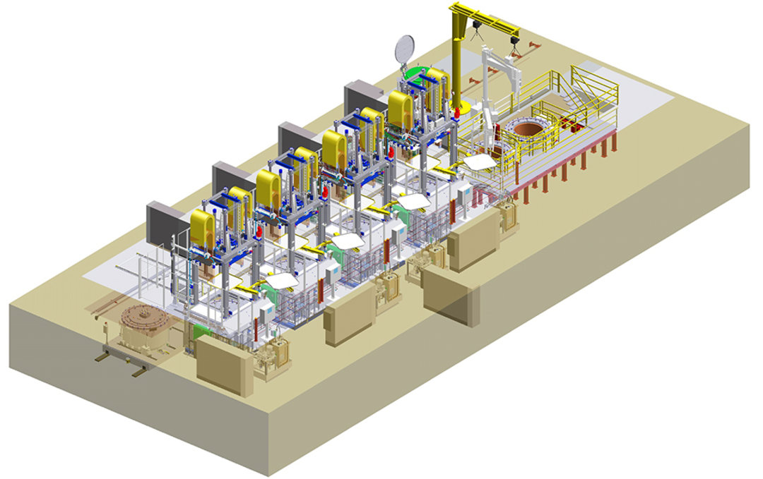 Layout der Nemak-Gießlinie mit vier Niederdruck-Gießmaschinen vom Typ AL 18-16 FSC Layout der Nemak-Gießlinie mit vier Niederdruck-Gießmaschinen vom Typ AL 18-16 FSC