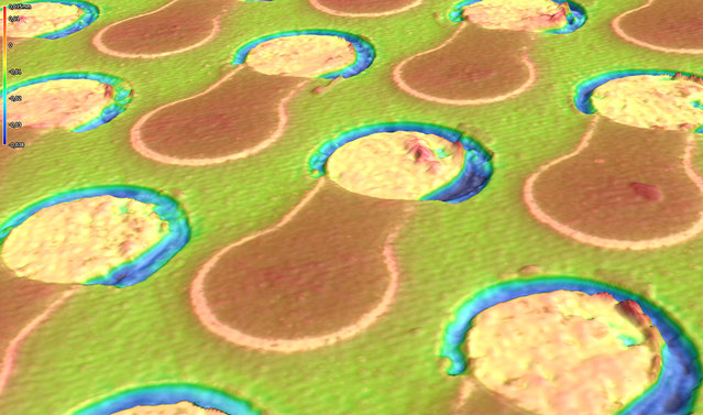Reinigungsergebnis auf BGA-Anschlussflächen - verbleibende Erhebungen auf den Pads lediglich ca. 20 µm (rötliche Färbung) Reinigungsergebnis auf BGA-Anschlussflächen - verbleibende Erhebungen auf den Pads lediglich ca. 20 µm (rötliche Färbung)