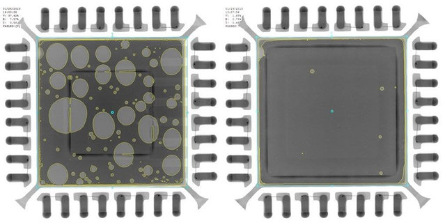 Beim rechten QFN-Bauelement, gelötet mit zugeschaltetem VOIDLESS-Modul, sind nahezu keine Voids mehr zu sehen; links - ohne VOIDLESS-Technologie – sind reichlich Voids zu erkennen Beim rechten QFN-Bauelement, gelötet mit zugeschaltetem VOIDLESS-Modul, sind nahezu keine Voids mehr zu sehen; links - ohne VOIDLESS-Technologie – sind reichlich Voids zu erkennen