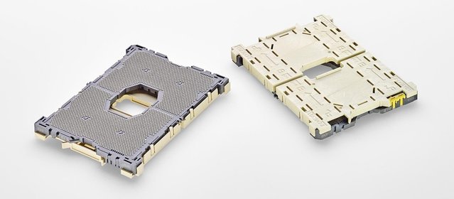 Der für Intel-CPU-Prozessoren ausgelegte Land-Grid-Array-Sockel LGA 3647 wirkt mit seinem zweiteiligen Design einer Verformung der CPUs entgegen und sorgt für eine bessere Koplanarität auf der Leiterplatte Der für Intel-CPU-Prozessoren ausgelegte Land-Grid-Array-Sockel LGA 3647 wirkt mit seinem zweiteiligen Design einer Verformung der CPUs entgegen und sorgt für eine bessere Koplanarität auf der Leiterplatte