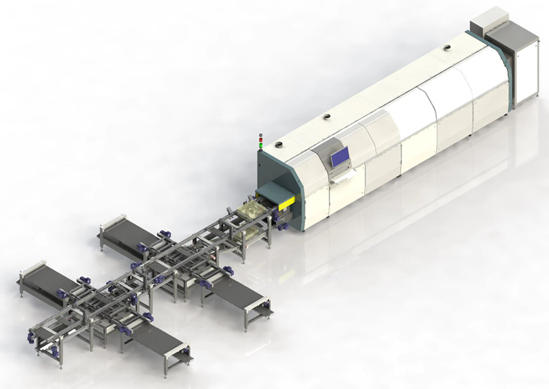 Transportsystem vorgeschaltet, Rotationsmodule, Arbeitsplatzanbindung vierfach, Teileverfolgung, Senkstation, Rücktransportsystem mit Kühlfunktion integriert
